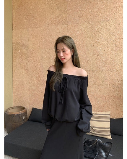 AIXILI Ruffled Off-Shoulder Sweatshirt + Fishtail Skirt Set