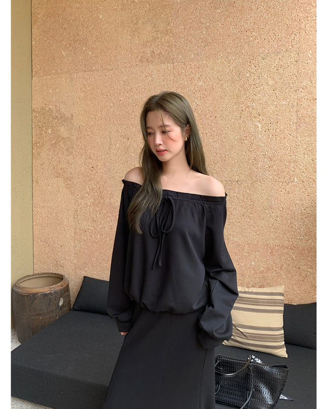AIXILI Ruffled Off-Shoulder Sweatshirt + Fishtail Skirt Set
