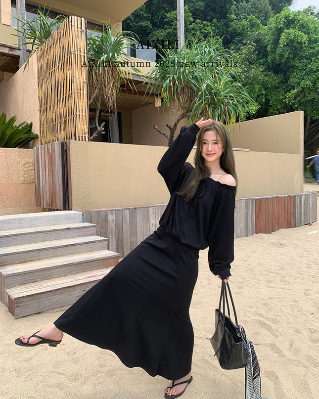 AIXILI Ruffled Off-Shoulder Sweatshirt + Fishtail Skirt Set