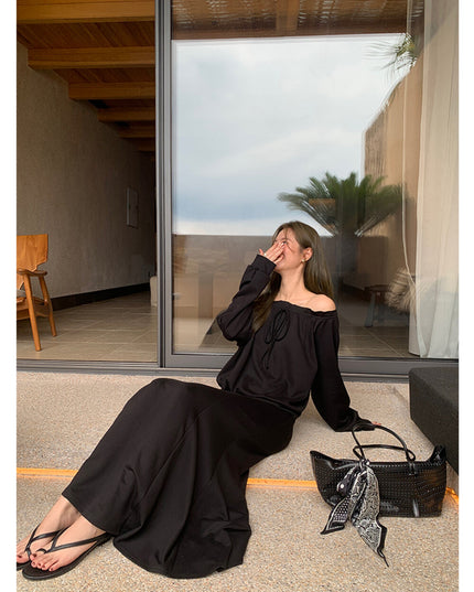 AIXILI Ruffled Off-Shoulder Sweatshirt + Fishtail Skirt Set