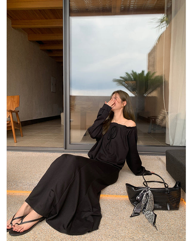 AIXILI Ruffled Off-Shoulder Sweatshirt + Fishtail Skirt Set
