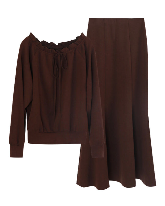 AIXILI Ruffled Off-Shoulder Sweatshirt + Fishtail Skirt Set