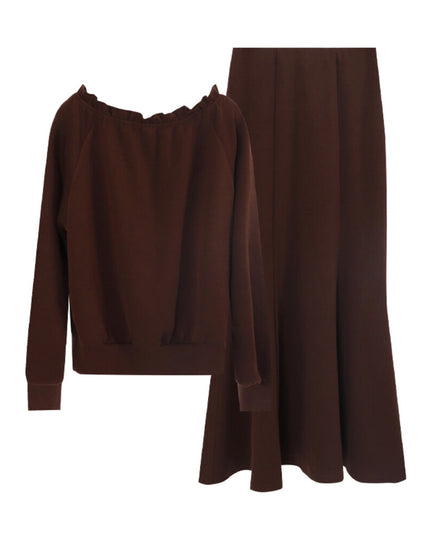 AIXILI Ruffled Off-Shoulder Sweatshirt + Fishtail Skirt Set