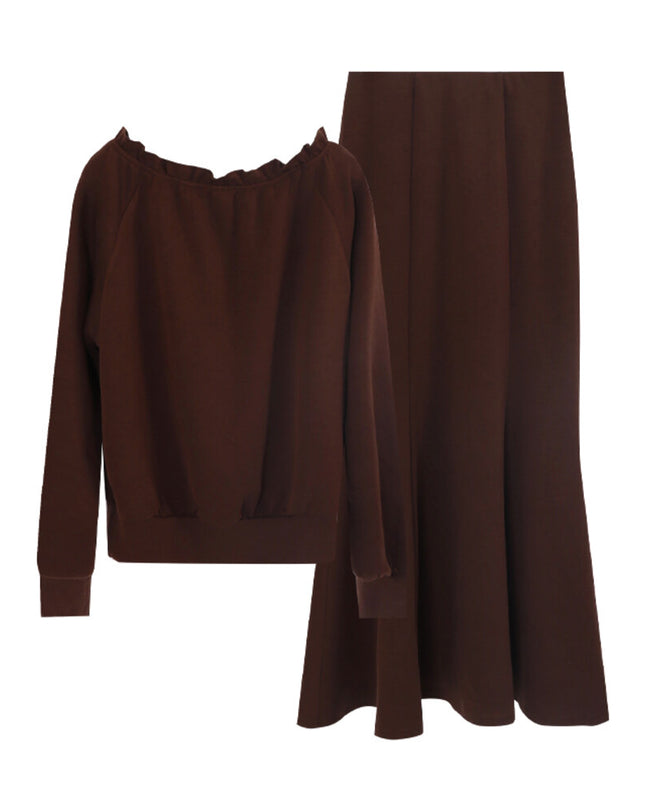 AIXILI Ruffled Off-Shoulder Sweatshirt + Fishtail Skirt Set