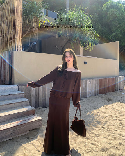 AIXILI Ruffled Off-Shoulder Sweatshirt + Fishtail Skirt Set