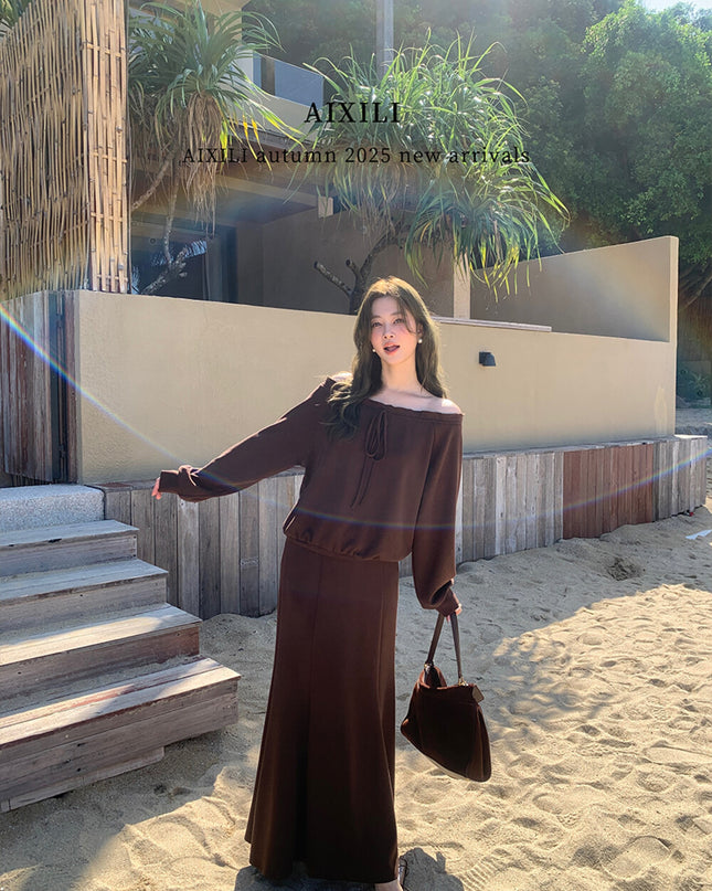 AIXILI Ruffled Off-Shoulder Sweatshirt + Fishtail Skirt Set