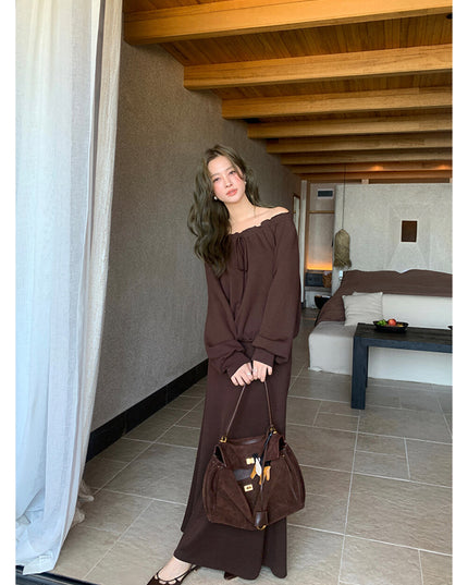 AIXILI Ruffled Off-Shoulder Sweatshirt + Fishtail Skirt Set