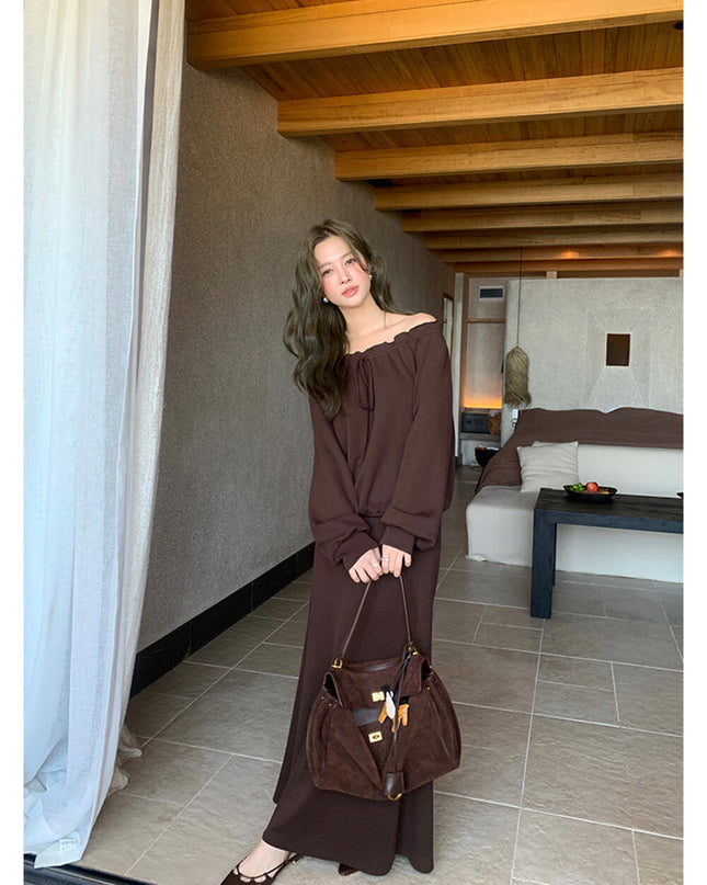 AIXILI Ruffled Off-Shoulder Sweatshirt + Fishtail Skirt Set