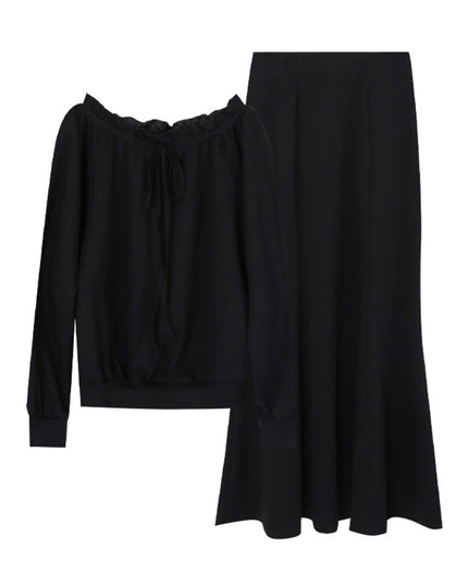 AIXILI Ruffled Off-Shoulder Sweatshirt + Fishtail Skirt Set