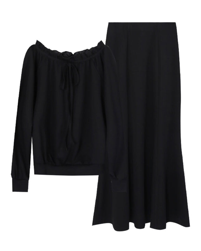 AIXILI Ruffled Off-Shoulder Sweatshirt + Fishtail Skirt Set