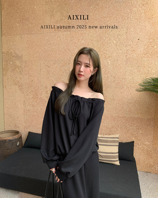 AIXILI Ruffled Off-Shoulder Sweatshirt + Fishtail Skirt Set