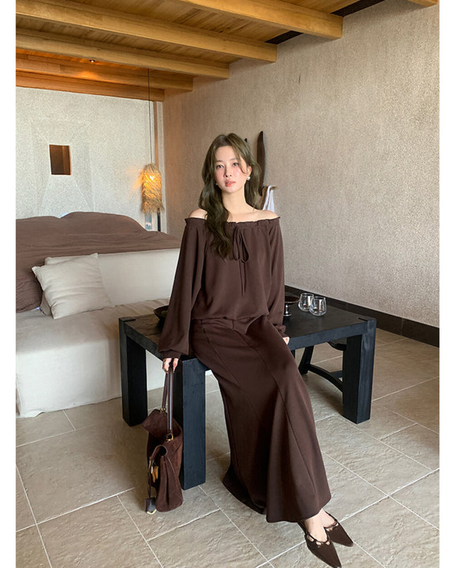 AIXILI Ruffled Off-Shoulder Sweatshirt + Fishtail Skirt Set