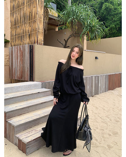AIXILI Ruffled Off-Shoulder Sweatshirt + Fishtail Skirt Set