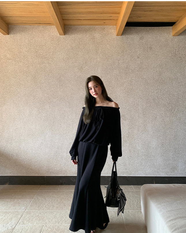 AIXILI Ruffled Off-Shoulder Sweatshirt + Fishtail Skirt Set