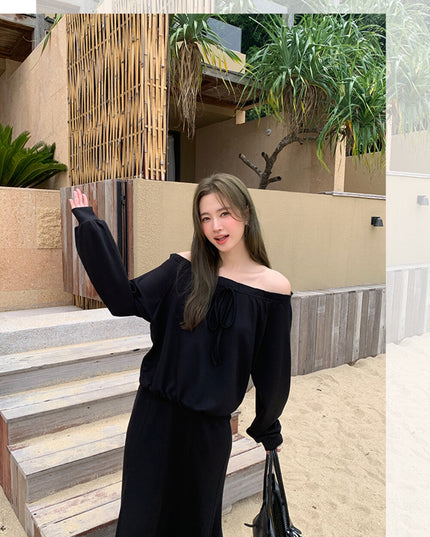 AIXILI Ruffled Off-Shoulder Sweatshirt + Fishtail Skirt Set