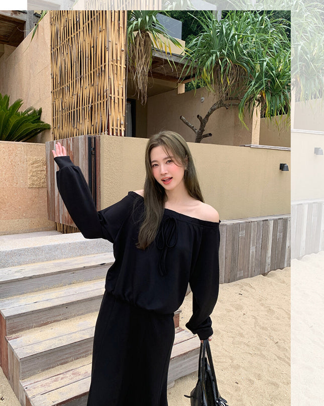 AIXILI Ruffled Off-Shoulder Sweatshirt + Fishtail Skirt Set