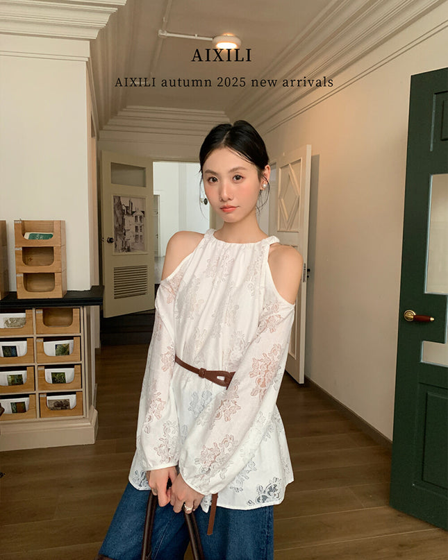AIXILI French Romantic Lace Cutout Off-Shoulder Long Sleeve Blouse