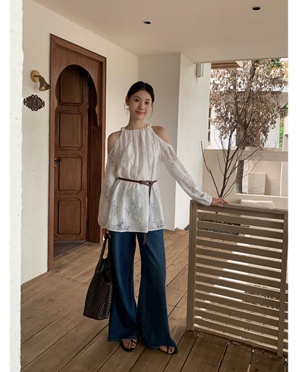 AIXILI French Romantic Lace Cutout Off-Shoulder Long Sleeve Blouse