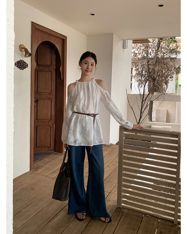 AIXILI French Romantic Lace Cutout Off-Shoulder Long Sleeve Blouse