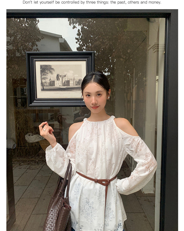 AIXILI French Romantic Lace Cutout Off-Shoulder Long Sleeve Blouse