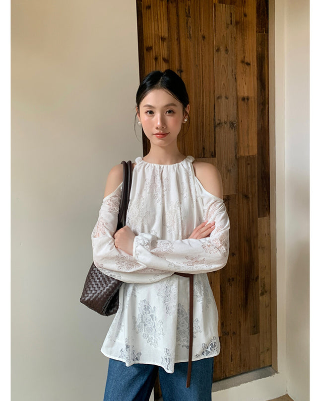 AIXILI French Romantic Lace Cutout Off-Shoulder Long Sleeve Blouse