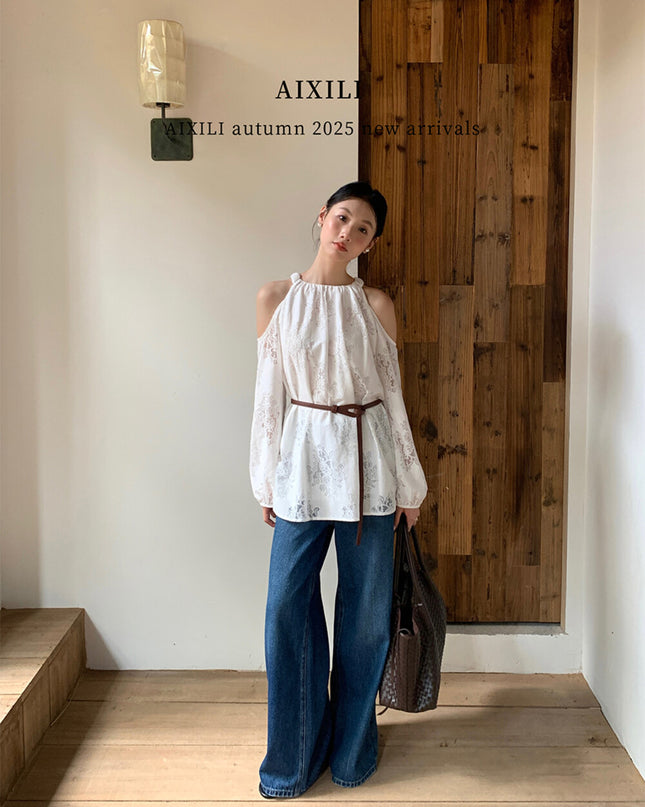 AIXILI French Romantic Lace Cutout Off-Shoulder Long Sleeve Blouse