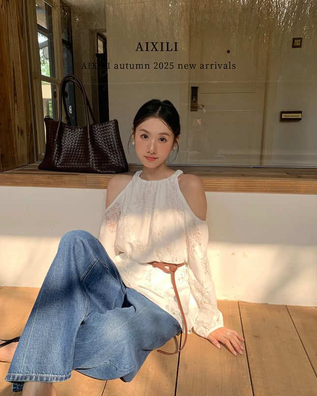 AIXILI French Romantic Lace Cutout Off-Shoulder Long Sleeve Blouse