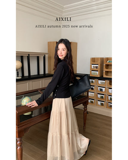 AIXILI Elegant V-Neck Ruched Knit Top with Flowing Tie