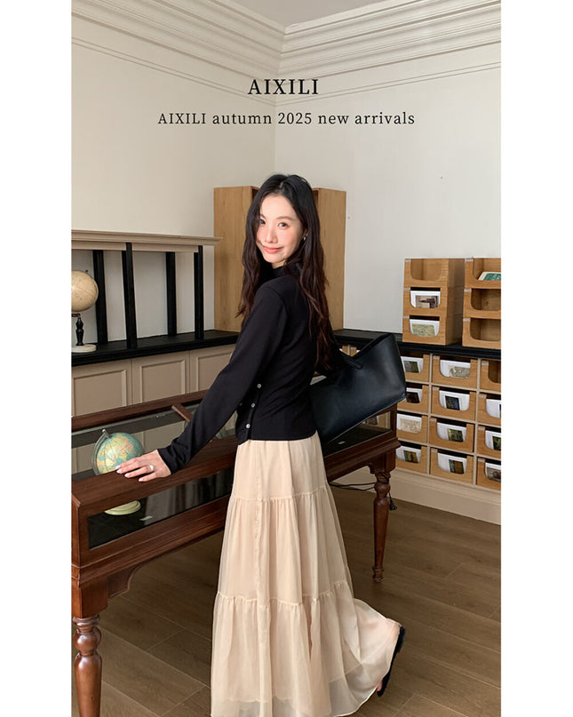 AIXILI Elegant V-Neck Ruched Knit Top with Flowing Tie