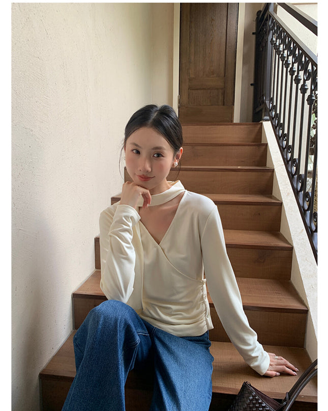 AIXILI Elegant V-Neck Ruched Knit Top with Flowing Tie