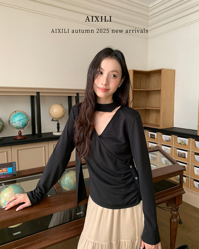 AIXILI Elegant V-Neck Ruched Knit Top with Flowing Tie