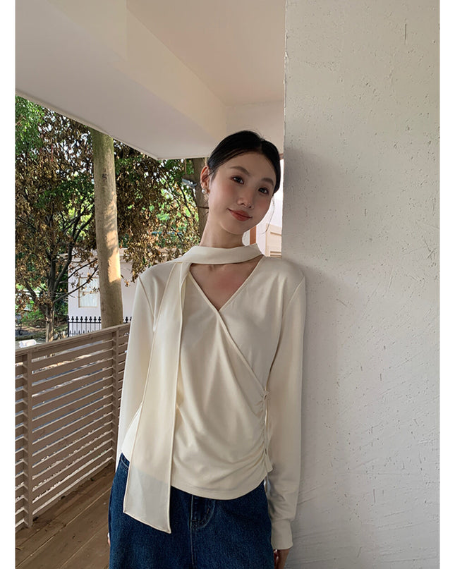 AIXILI Elegant V-Neck Ruched Knit Top with Flowing Tie