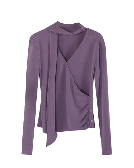 AIXILI Elegant V-Neck Ruched Knit Top with Flowing Tie