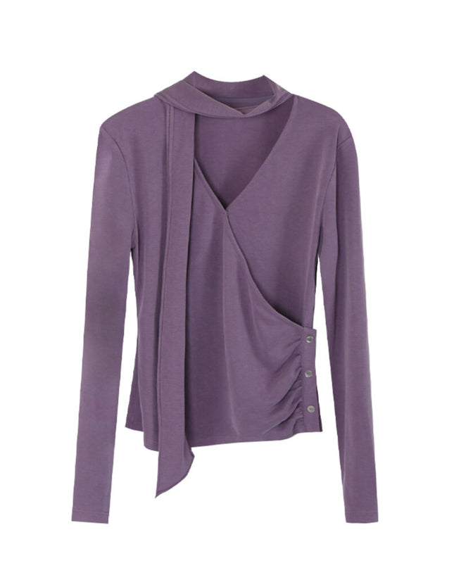 AIXILI Elegant V-Neck Ruched Knit Top with Flowing Tie