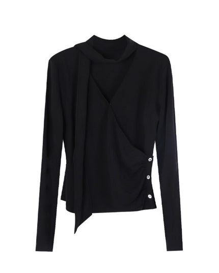 AIXILI Elegant V-Neck Ruched Knit Top with Flowing Tie