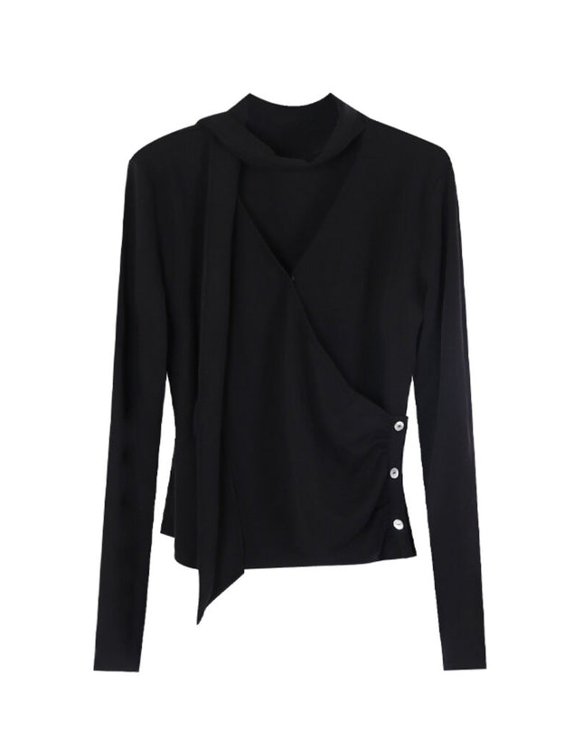 AIXILI Elegant V-Neck Ruched Knit Top with Flowing Tie
