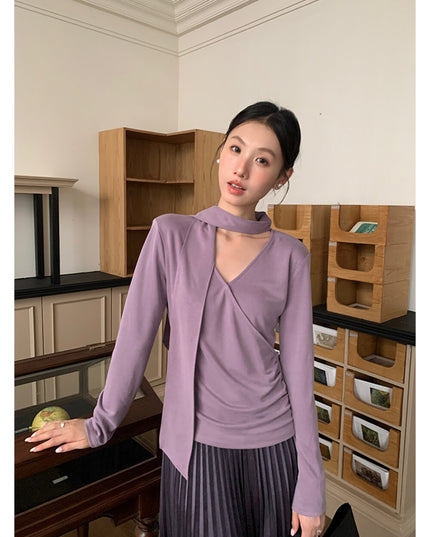 AIXILI Elegant V-Neck Ruched Knit Top with Flowing Tie