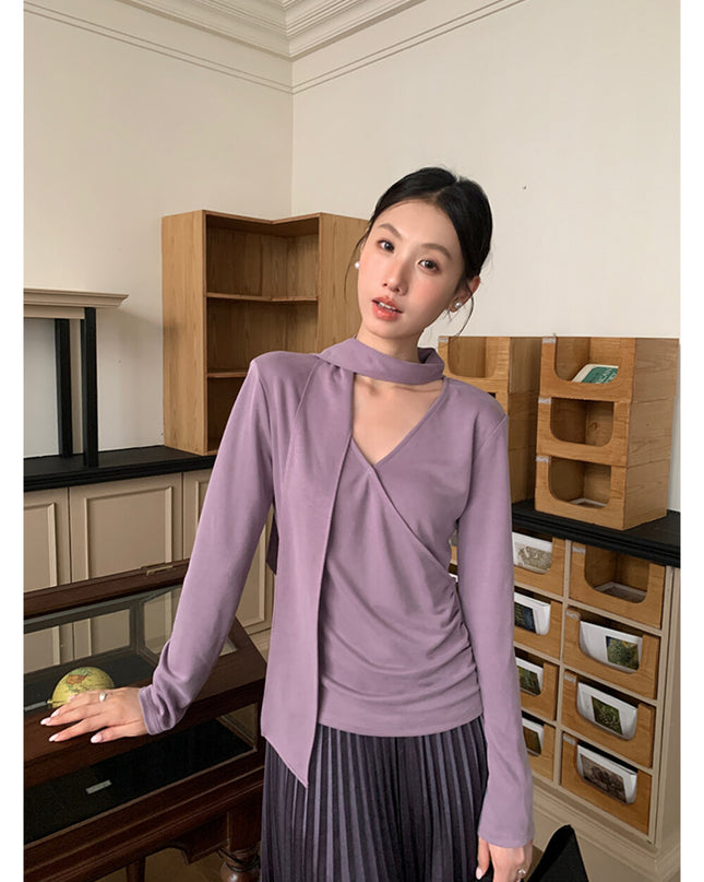 AIXILI Elegant V-Neck Ruched Knit Top with Flowing Tie