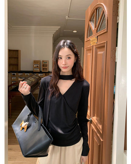 AIXILI Elegant V-Neck Ruched Knit Top with Flowing Tie