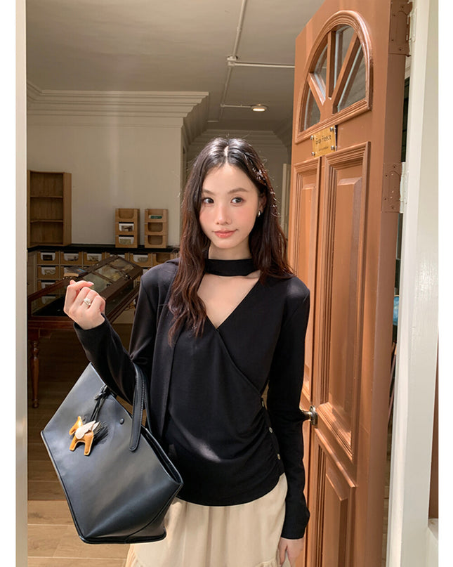 AIXILI Elegant V-Neck Ruched Knit Top with Flowing Tie