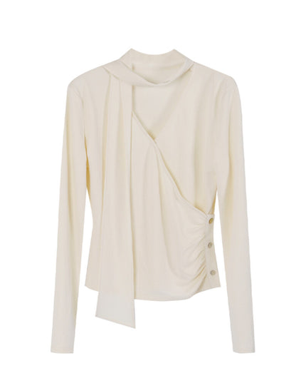AIXILI Elegant V-Neck Ruched Knit Top with Flowing Tie
