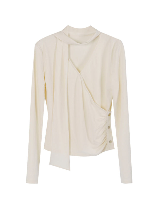 AIXILI Elegant V-Neck Ruched Knit Top with Flowing Tie