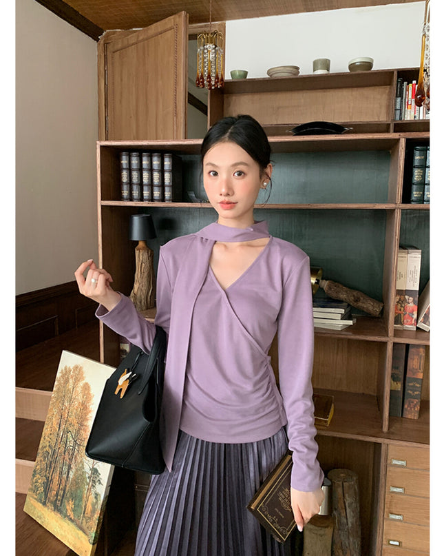 AIXILI Elegant V-Neck Ruched Knit Top with Flowing Tie