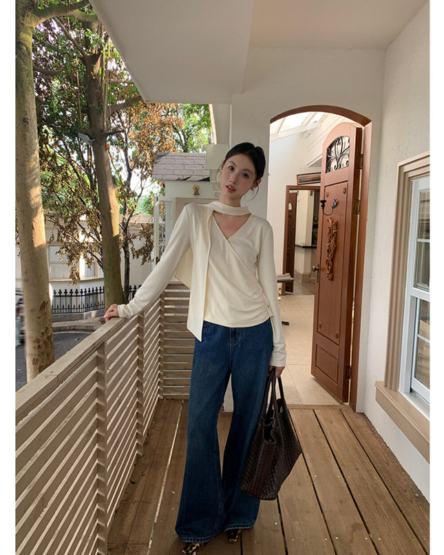 AIXILI Elegant V-Neck Ruched Knit Top with Flowing Tie