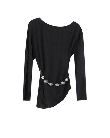 AIXILI Minimalist Asymmetrical Ruched Knit Top with Waist Chain