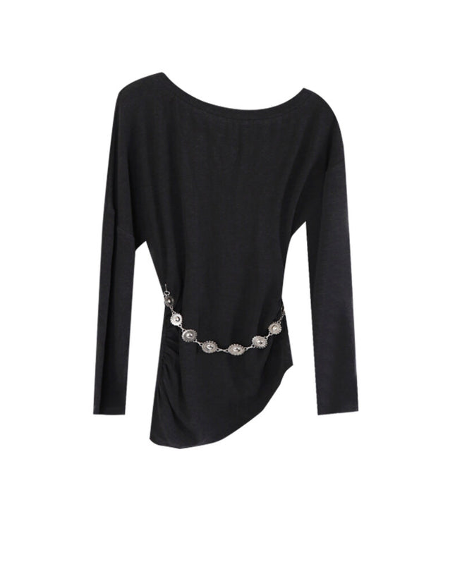 AIXILI Minimalist Asymmetrical Ruched Knit Top with Waist Chain