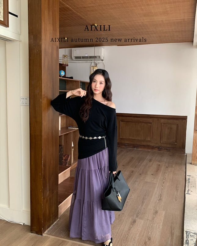 AIXILI Minimalist Asymmetrical Ruched Knit Top with Waist Chain