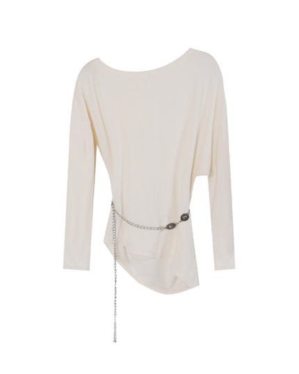AIXILI Minimalist Asymmetrical Ruched Knit Top with Waist Chain