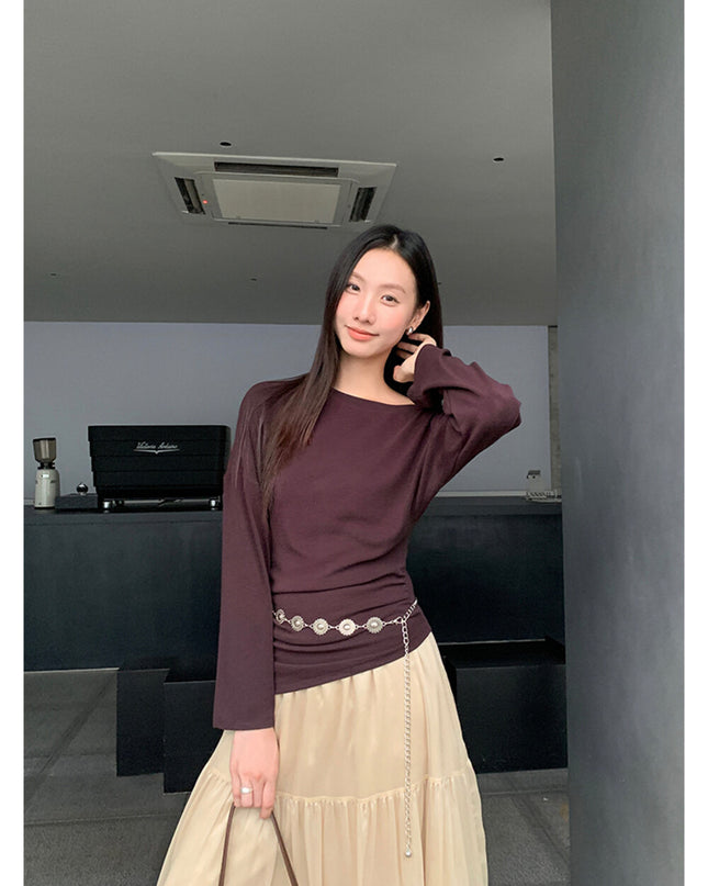 AIXILI Minimalist Asymmetrical Ruched Knit Top with Waist Chain