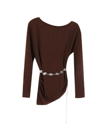 AIXILI Minimalist Asymmetrical Ruched Knit Top with Waist Chain